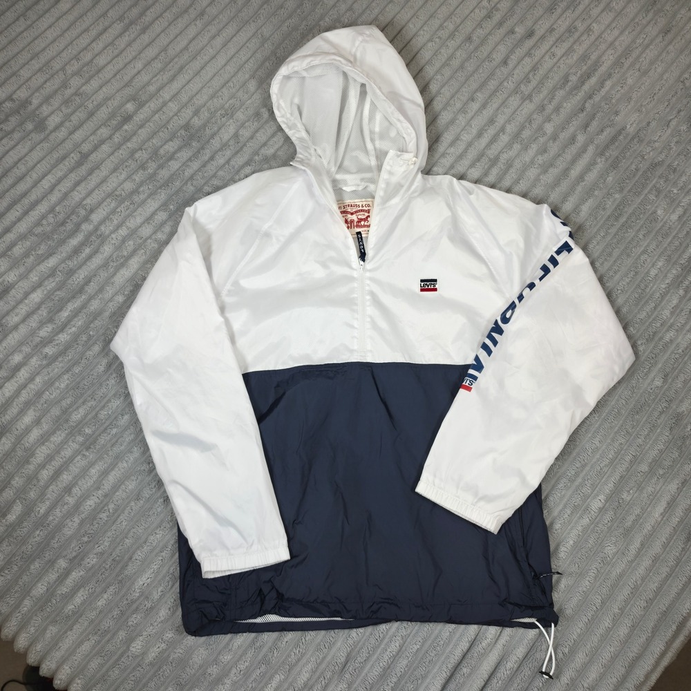Levis Mens Windbreaker Jacket White Navy Blue California Sleeve Logo Half Zip M